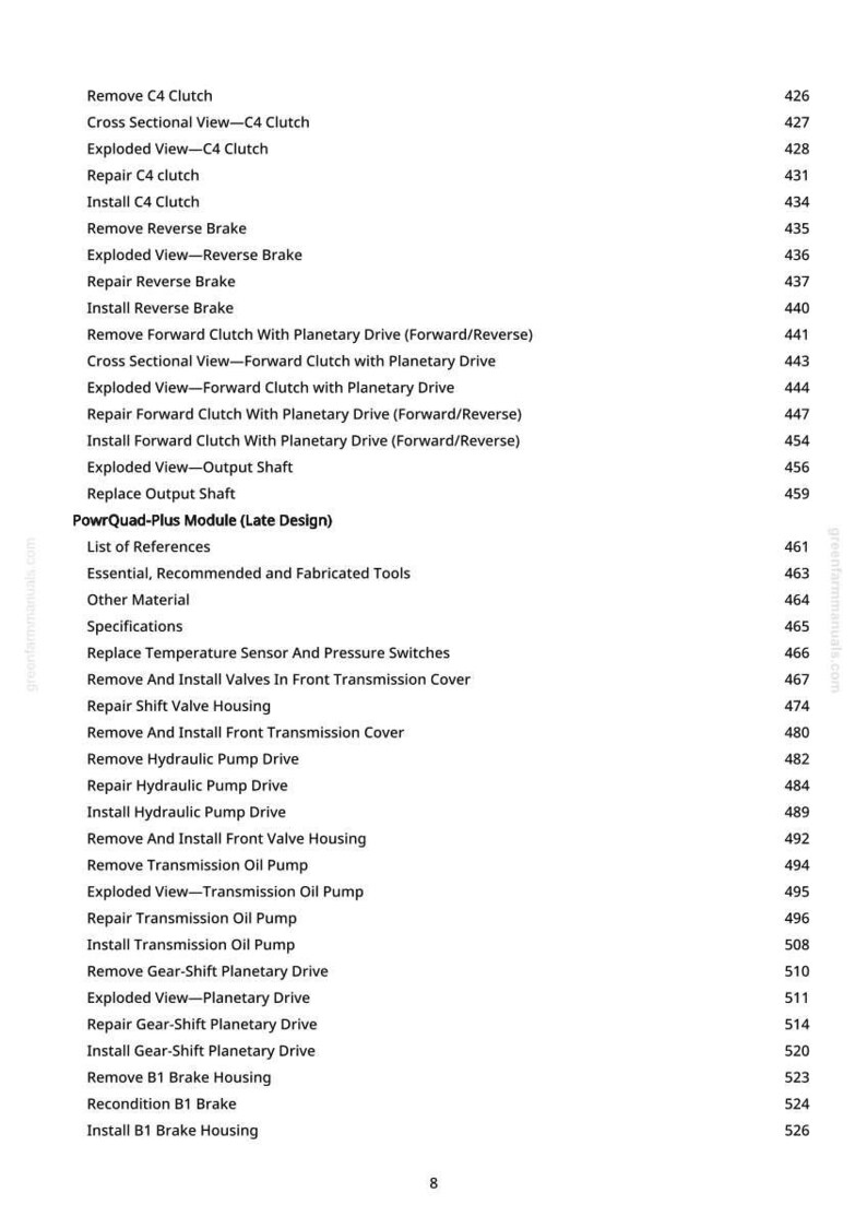 May include: A white page with a list of automotive repair procedures, including clutch, brake, and transmission components. The list includes terms like "Exploded View," "Repair," and "Install." The page also lists references and specifications.