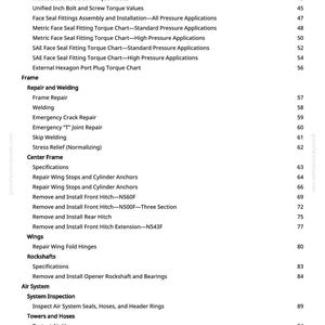 Puede incluir: Una p&aacute;gina blanca de un manual con una tabla de contenidos. El texto incluye especificaciones de reparaci&oacute;n, marco, soldadura y temas del sistema de aire. Los n&uacute;meros de p&aacute;gina se enumeran a la derecha.