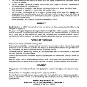 May include: A page from a Landini tractor manual, featuring the introduction, liability, and purpose of the manual sections. Text includes safety information, copyright details, and contact information for Argo Tractors S.p.A.