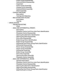 K&ouml;nnte beinhalten: Eine detaillierte Liste von Kfz-Reparaturverfahren, einschlie&szlig;lich Aus- und Einbauanweisungen. Der Text behandelt verschiedene Komponenten wie Pumpen, Ventile und Achsen, mit Abschnitten zur Fehlersuche und Identifizierung.