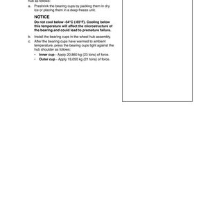 May include: A page from a manual detailing the disassembly and assembly of a front wheel hub and spindle. The text includes instructions for installing bearing cups, with force measurements in kilograms and tons.
