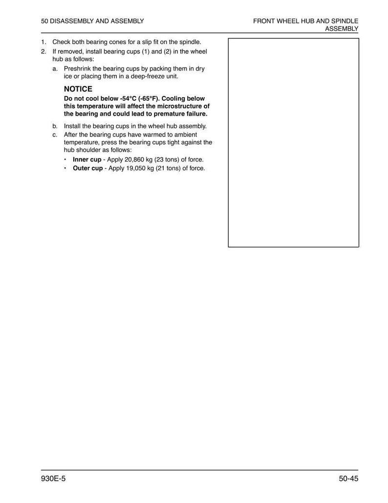 May include: A page from a manual detailing the disassembly and assembly of a front wheel hub and spindle. The text includes instructions for installing bearing cups, with force measurements in kilograms and tons.