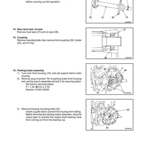 Pu&ograve; includere: Diagramma delle istruzioni di smontaggio e montaggio della trasmissione. Include illustrazioni della rimozione di cuscinetti, guarnizioni e giunti. Il testo include numeri di parte e istruzioni specifiche.