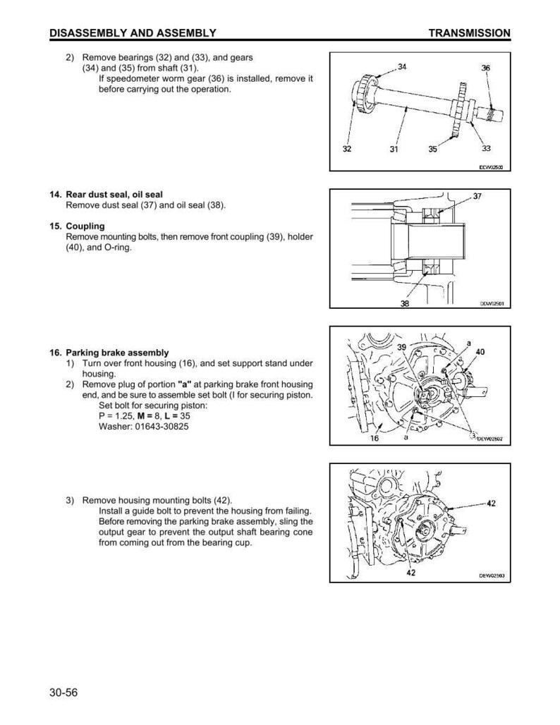 Pu&ograve; includere: Diagramma delle istruzioni di smontaggio e montaggio della trasmissione. Include illustrazioni della rimozione di cuscinetti, guarnizioni e giunti. Il testo include numeri di parte e istruzioni specifiche.