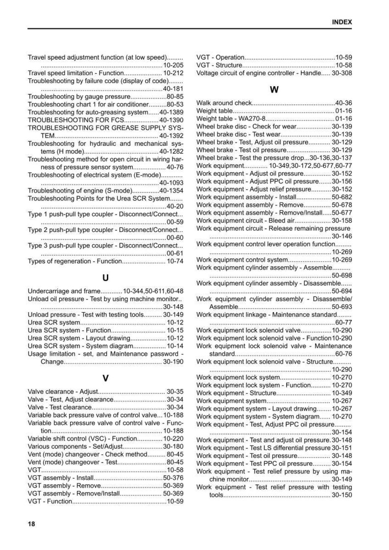 May include: An index page from a manual, listing troubleshooting and maintenance procedures for various vehicle systems. The page includes headings like "Troubleshooting," "Work equipment," and "VGT," with page numbers for each topic.