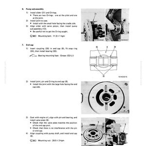 May include: A technical diagram with the title "DISASSEMBLY AND ASSEMBLY" and "MAIN PUMP". The diagram includes detailed instructions and illustrations for pump sub-assembly and end cap installation, with measurements in kgm.