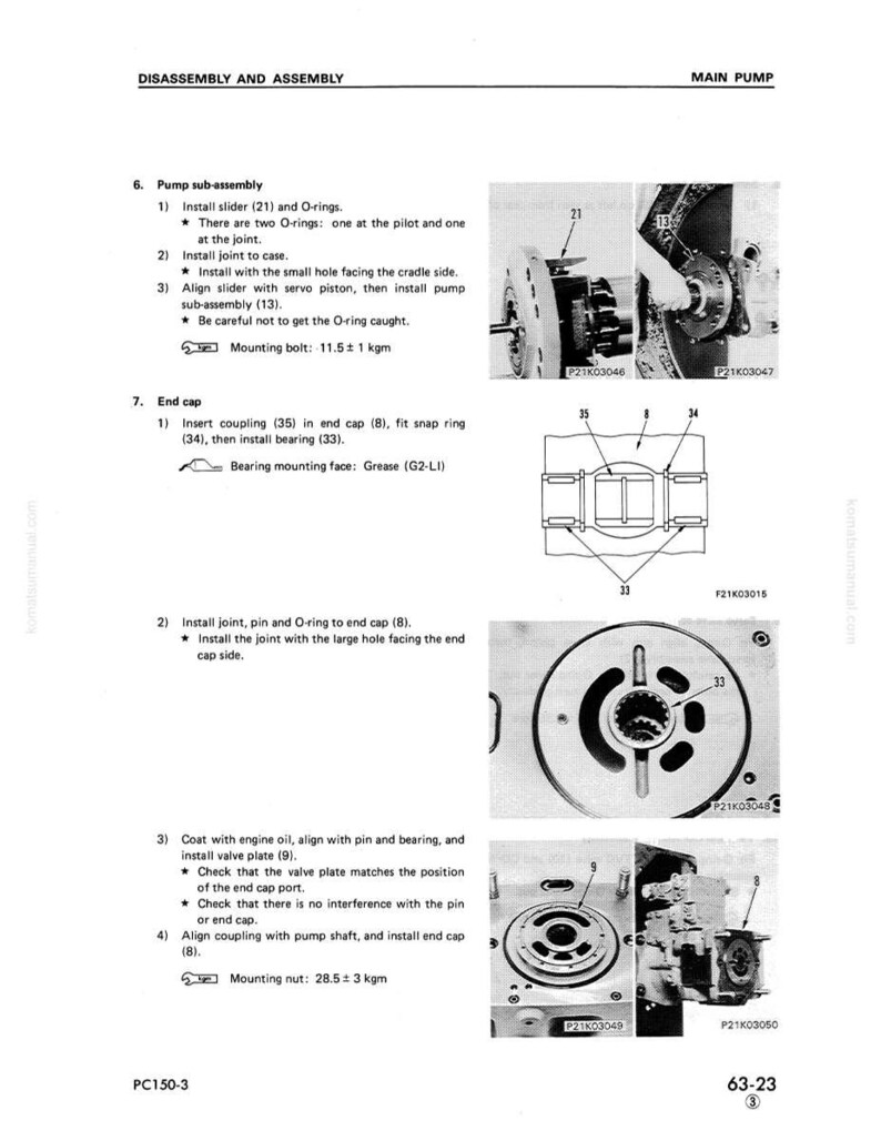 May include: A technical diagram with the title "DISASSEMBLY AND ASSEMBLY" and "MAIN PUMP". The diagram includes detailed instructions and illustrations for pump sub-assembly and end cap installation, with measurements in kgm.