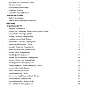 May include: A page from a manual with a table of contents for engine repair. The text includes topics like "Gasoline Fuel," "Carburetor Cleaning," and "Engine Repair (X117R)." Page numbers are listed on the right.