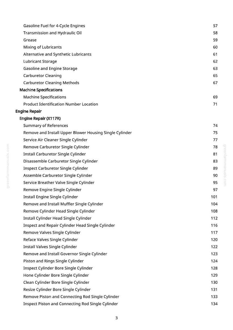 May include: A page from a manual with a table of contents for engine repair. The text includes topics like "Gasoline Fuel," "Carburetor Cleaning," and "Engine Repair (X117R)." Page numbers are listed on the right.