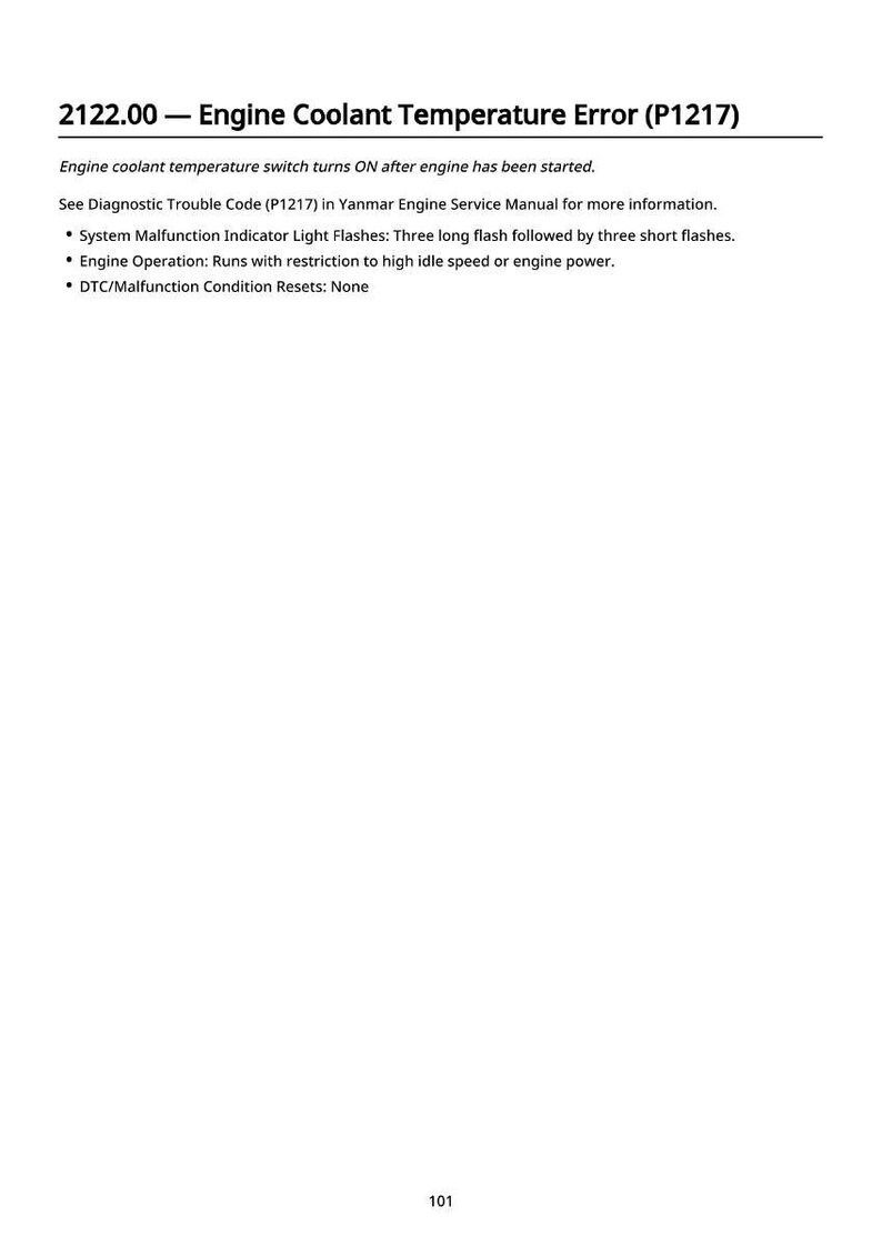 May include: A white page with the text "2122.00 - Engine Coolant Temperature Error (P1217)". The text describes the error and provides diagnostic information, including flash patterns and engine operation details. The page number is 101.