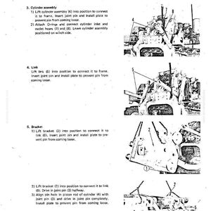May include: A black and white technical diagram illustrating the disassembly and assembly of a mechanical component. The diagram includes numbered steps and labels for various parts, such as cylinder assembly, link, and bracket. The text includes instructions and part numbers.