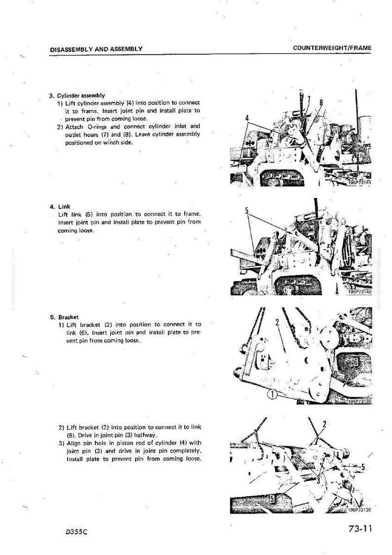 May include: A black and white technical diagram illustrating the disassembly and assembly of a mechanical component. The diagram includes numbered steps and labels for various parts, such as cylinder assembly, link, and bracket. The text includes instructions and part numbers.