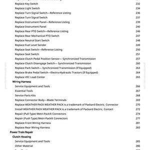 Puede incluir: Una p&aacute;gina de manual con una lista de temas de reparaci&oacute;n y mantenimiento de tractores. El texto incluye elementos como "Reemplazar el sensor de velocidad del motor" y "Reemplazar el sensor de posici&oacute;n del pedal del embrague". La p&aacute;gina tiene un esquema de color verde y blanco.