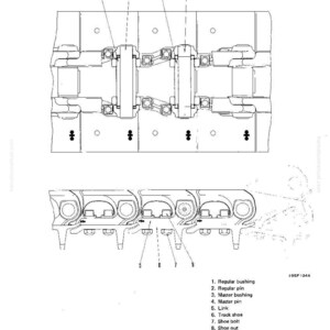 May include: Technical diagram of a track link, labeled "TRACK (Dry type track link)". The diagram shows various components including bushings, pins, links, track shoes, bolts, and nuts. The image is in black and white.