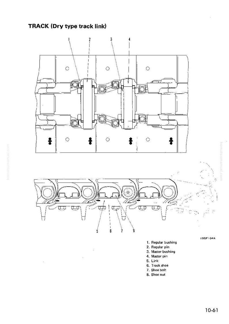 May include: Technical diagram of a track link, labeled "TRACK (Dry type track link)". The diagram shows various components including bushings, pins, links, track shoes, bolts, and nuts. The image is in black and white.