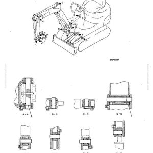 May include: Line drawing of work equipment, including an excavator and various mechanical components. The excavator is shown in profile, with detailed views of several parts labeled A through L. The text "WORK EQUIPMENT" is at the top.