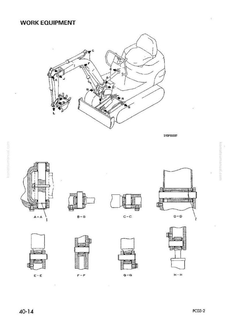 May include: Line drawing of work equipment, including an excavator and various mechanical components. The excavator is shown in profile, with detailed views of several parts labeled A through L. The text "WORK EQUIPMENT" is at the top.