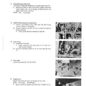 May include: A page from a manual detailing the disassembly and assembly of a hydraulic pump. The text includes instructions for various components, such as the outlet tube, transmission pump piping, and floor frame. The page also includes diagrams.