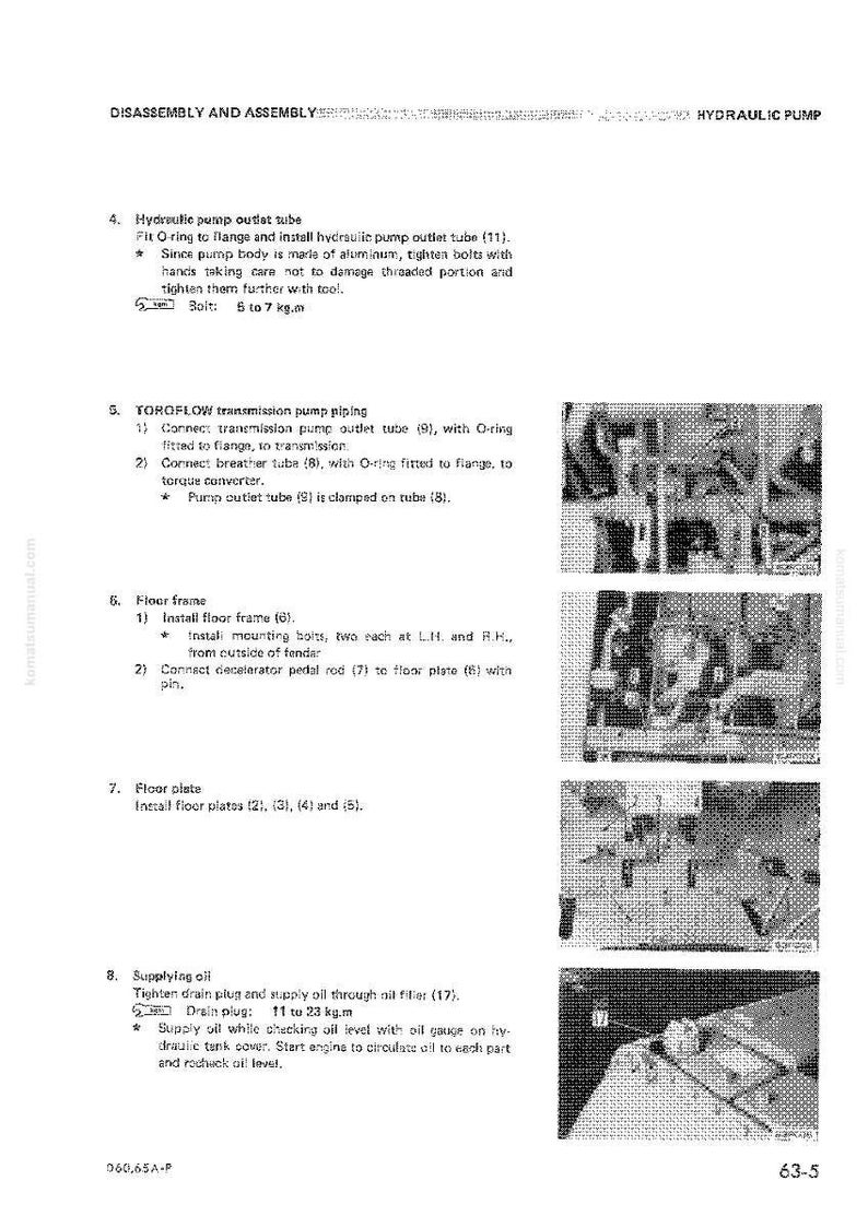 May include: A page from a manual detailing the disassembly and assembly of a hydraulic pump. The text includes instructions for various components, such as the outlet tube, transmission pump piping, and floor frame. The page also includes diagrams.