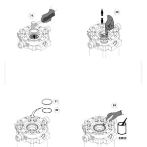 May include: Diagram of a mechanical component assembly process. The image shows a series of steps, including the use of tools and the application of a substance labeled "EM22". The diagram includes the Komatsu logo and part numbers.