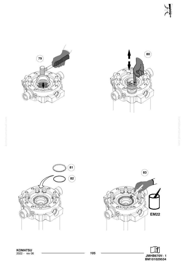 May include: Diagram of a mechanical component assembly process. The image shows a series of steps, including the use of tools and the application of a substance labeled "EM22". The diagram includes the Komatsu logo and part numbers.