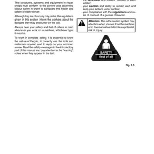 May include: A page from a manual with the title "Essential rules for accident prevention." The text includes safety guidelines and a caution symbol. A black and white triangular sign reads "SAFETY first of all."