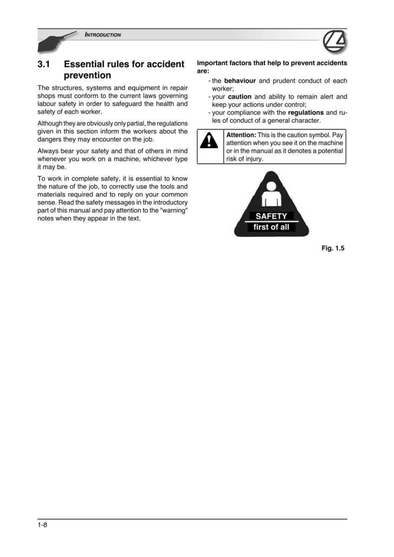 May include: A page from a manual with the title "Essential rules for accident prevention." The text includes safety guidelines and a caution symbol. A black and white triangular sign reads "SAFETY first of all."