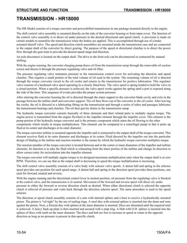 Puede incluir: Documento t&eacute;cnico titulado "Transmisi&oacute;n - HR18000" que detalla la estructura y funci&oacute;n de un sistema de transmisi&oacute;n. Incluye diagramas y descripciones de componentes como el convertidor de par y el sistema de embrague.