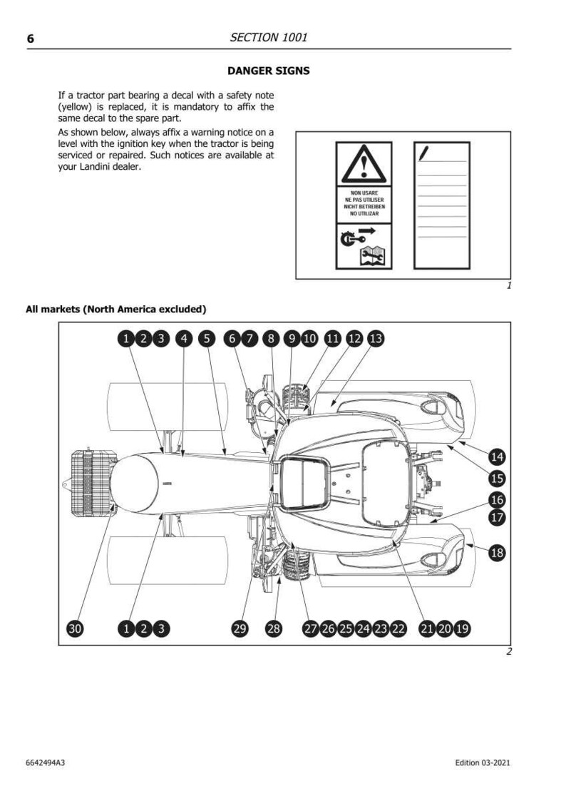 May include: Page from a manual with the title "DANGER SIGNS" and a diagram of a tractor with numbered parts. The page includes safety instructions and warning symbols. Edition 03-2021.