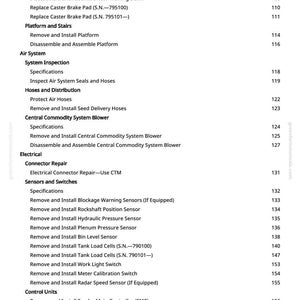 Puede incluir: Una lista detallada de procedimientos y componentes, incluyendo "Desmontar y montar la rueda central del bastidor", "Quitar e instalar la plataforma" y "Quitar e instalar las c&eacute;lulas de carga del dep&oacute;sito". Texto negro sobre fondo blanco.