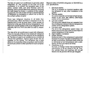 May include: A manual page explaining refrigerator oil, its purpose, and properties. The text is black on white, with sections on "Structure and Function" and "Characteristics of SUNISO refrigerator oil." Measurements are in Celsius.