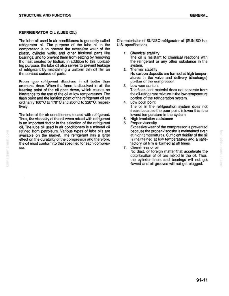 May include: A manual page explaining refrigerator oil, its purpose, and properties. The text is black on white, with sections on "Structure and Function" and "Characteristics of SUNISO refrigerator oil." Measurements are in Celsius.
