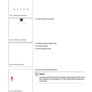 Puede incluir: Diagrama de un manual de reparaci&oacute;n de motores con instrucciones para el mantenimiento de la culata. Incluye el orden de apriete de los pernos, los pasos de extracci&oacute;n y las instrucciones de colocaci&oacute;n de la junta. Texto: "Notice!" y "OPEN/TOP".