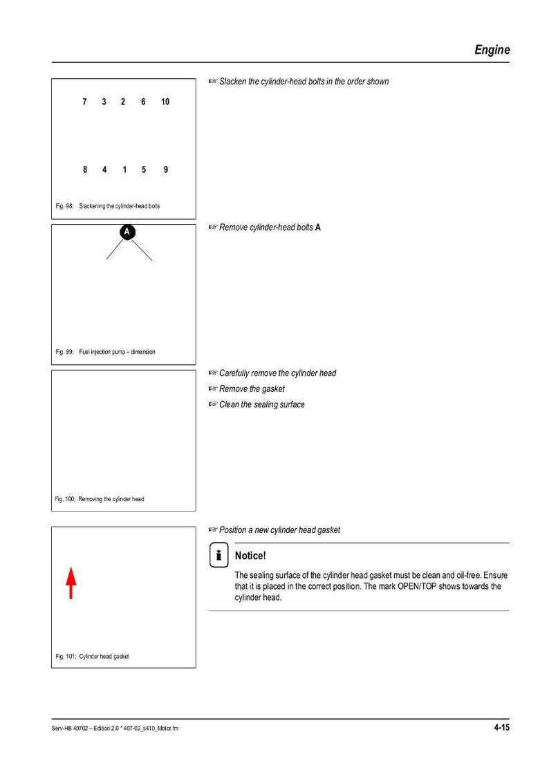Puede incluir: Diagrama de un manual de reparaci&oacute;n de motores con instrucciones para el mantenimiento de la culata. Incluye el orden de apriete de los pernos, los pasos de extracci&oacute;n y las instrucciones de colocaci&oacute;n de la junta. Texto: "Notice!" y "OPEN/TOP".