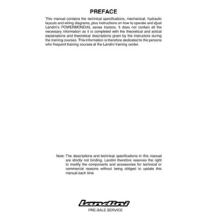 May include: A white page from a Landini manual with the title "PREFACE". The text describes technical specifications, diagrams, and instructions for Landini tractors. The Landini logo and contact information are at the bottom.