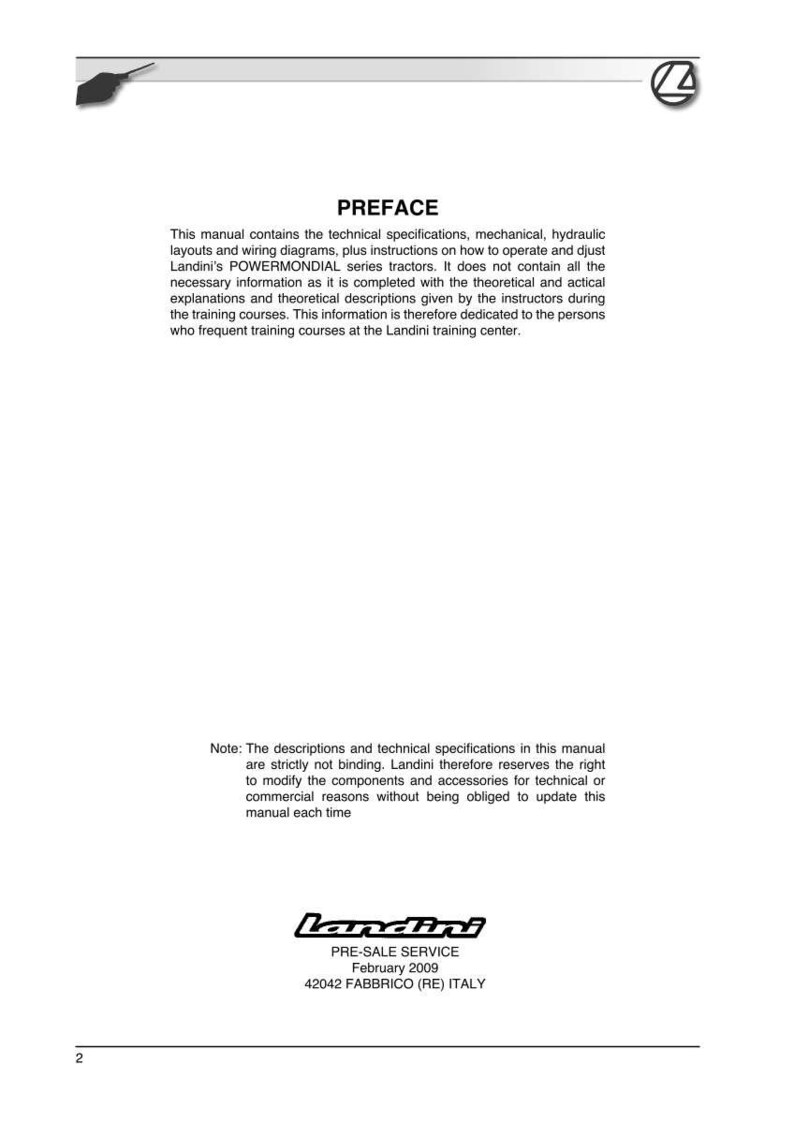May include: A white page from a Landini manual with the title "PREFACE". The text describes technical specifications, diagrams, and instructions for Landini tractors. The Landini logo and contact information are at the bottom.