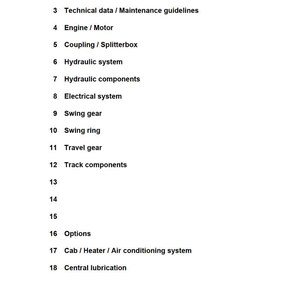 Pode incluir: Um manual de servi&ccedil;o branco com um &iacute;ndice preto. O manual inclui se&ccedil;&otilde;es sobre informa&ccedil;&otilde;es gerais, ferramentas, dados t&eacute;cnicos, motor, sistemas hidr&aacute;ulicos e sistemas el&eacute;tricos. O copyright da Liebherr est&aacute; na parte inferior.