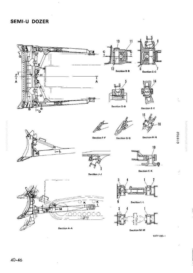 May include: Technical diagram of a semi-U dozer, featuring detailed sectional views labeled A through M. The black and white illustration includes various mechanical components and measurements, with the text "SEMI-U DOZER" at the top.