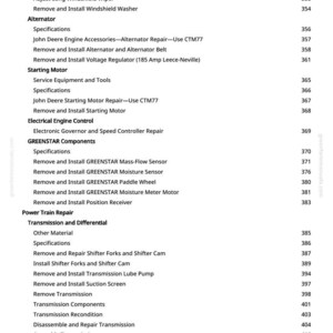 May include: A page from a manual with a table of contents. The topics include Wiper, Alternator, Starting Motor, Electrical Engine Control, GREENSTAR Components, Power Train Repair, and Transmission and Differential.