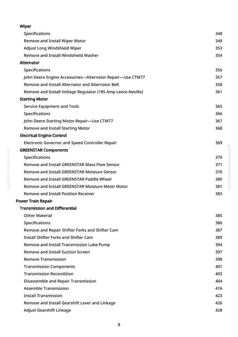 May include: A page from a manual with a table of contents. The topics include Wiper, Alternator, Starting Motor, Electrical Engine Control, GREENSTAR Components, Power Train Repair, and Transmission and Differential.