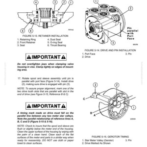 Pu&ograve; includere: Diagramma tecnico di una valvola di controllo dello sterzo, con illustrazioni dettagliate dell'installazione del fermo, dell'installazione dell'azionamento e del perno e della temporizzazione del gerotor. Include etichette e istruzioni.