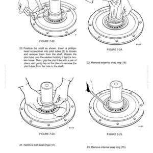 May include: Line drawings illustrate fan clutch disassembly steps. Figures 7-22 through 7-25 show tools and hands manipulating parts. Text includes instructions for removing pitot tubes, seal rings, and snap rings. The image is from a technical manual.