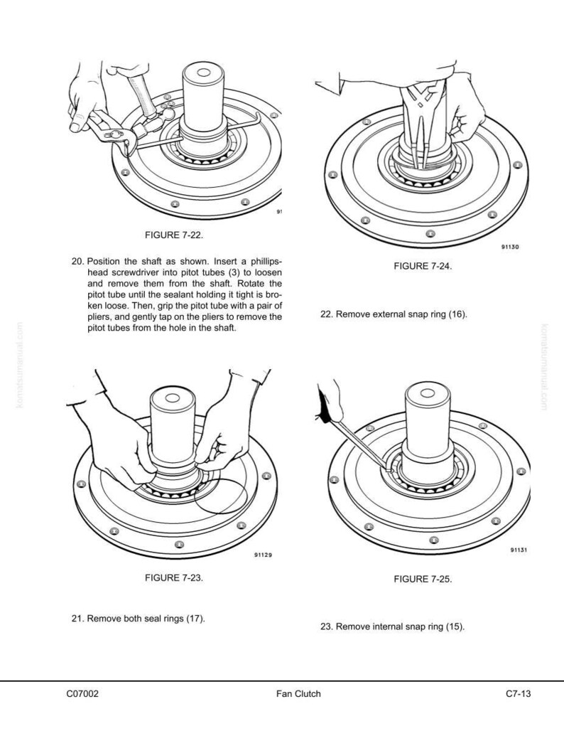 May include: Line drawings illustrate fan clutch disassembly steps. Figures 7-22 through 7-25 show tools and hands manipulating parts. Text includes instructions for removing pitot tubes, seal rings, and snap rings. The image is from a technical manual.