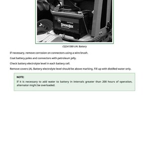 May include: Image showing a black StrongBox battery in a vehicle. The text reads "Cleaning Battery, Cables and Battery Box with a Clean Cloth." Instructions are provided for battery maintenance, including removing corrosion and checking electrolyte levels.
