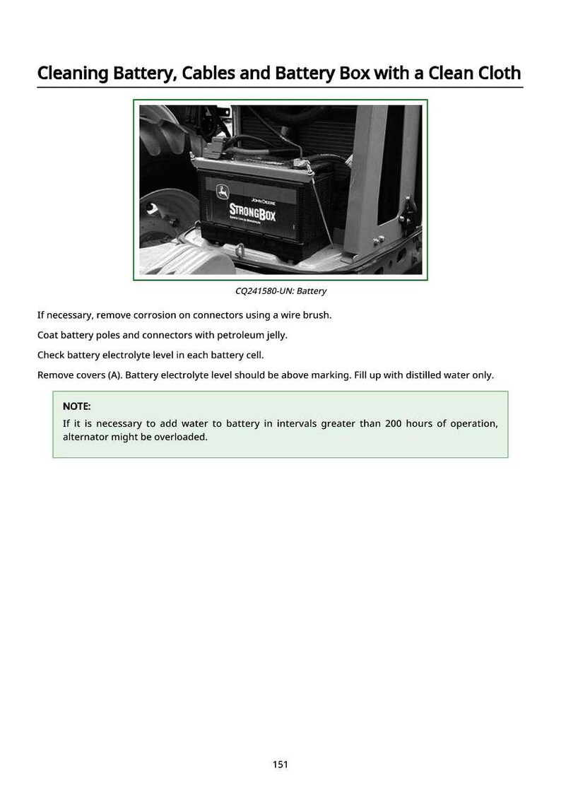 May include: Image showing a black StrongBox battery in a vehicle. The text reads "Cleaning Battery, Cables and Battery Box with a Clean Cloth." Instructions are provided for battery maintenance, including removing corrosion and checking electrolyte levels.