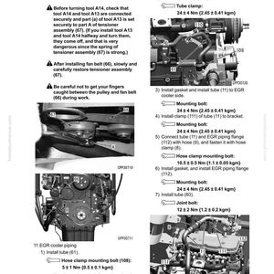 Op de afbeelding: Een diagram van het motor- en koelsysteem met gedetailleerde instructies voor demontage en montage. Bevat diagrammen van bouten, klemmen en buizen met metingen in Newtonmeters en kilogram.