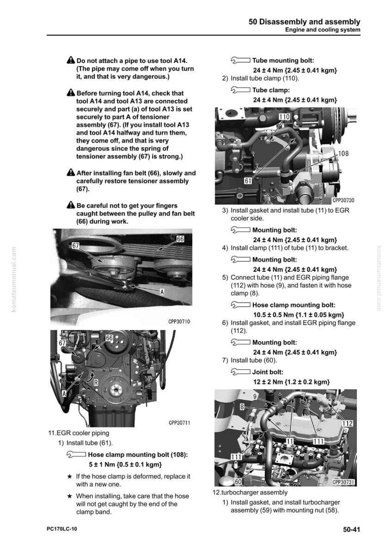 Op de afbeelding: Een diagram van het motor- en koelsysteem met gedetailleerde instructies voor demontage en montage. Bevat diagrammen van bouten, klemmen en buizen met metingen in Newtonmeters en kilogram.