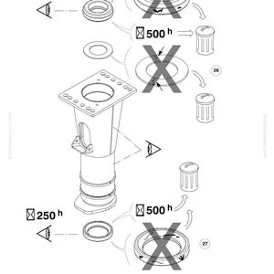 May include: Technical diagram with various mechanical components, including circular parts, a square-topped structure, and a cylindrical base. The diagram includes notations of 250 h and 500 h, along with crossed-out symbols and small trash can icons.
