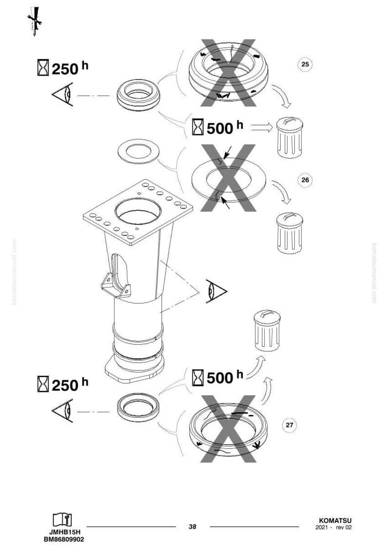 May include: Technical diagram with various mechanical components, including circular parts, a square-topped structure, and a cylindrical base. The diagram includes notations of 250 h and 500 h, along with crossed-out symbols and small trash can icons.