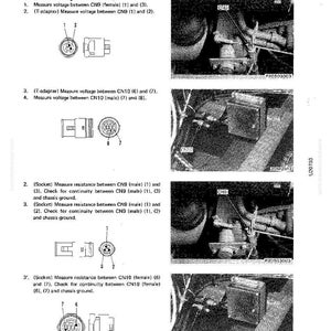 May include: Diagram of automotive connectors for troubleshooting, with labels and measurements. Includes close-up images of connectors and wiring, with text indicating voltage and resistance measurements for specific points.